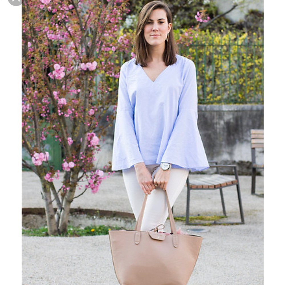Zara striped bell flare sleeve v neck shirt top - Picture 3 of 6